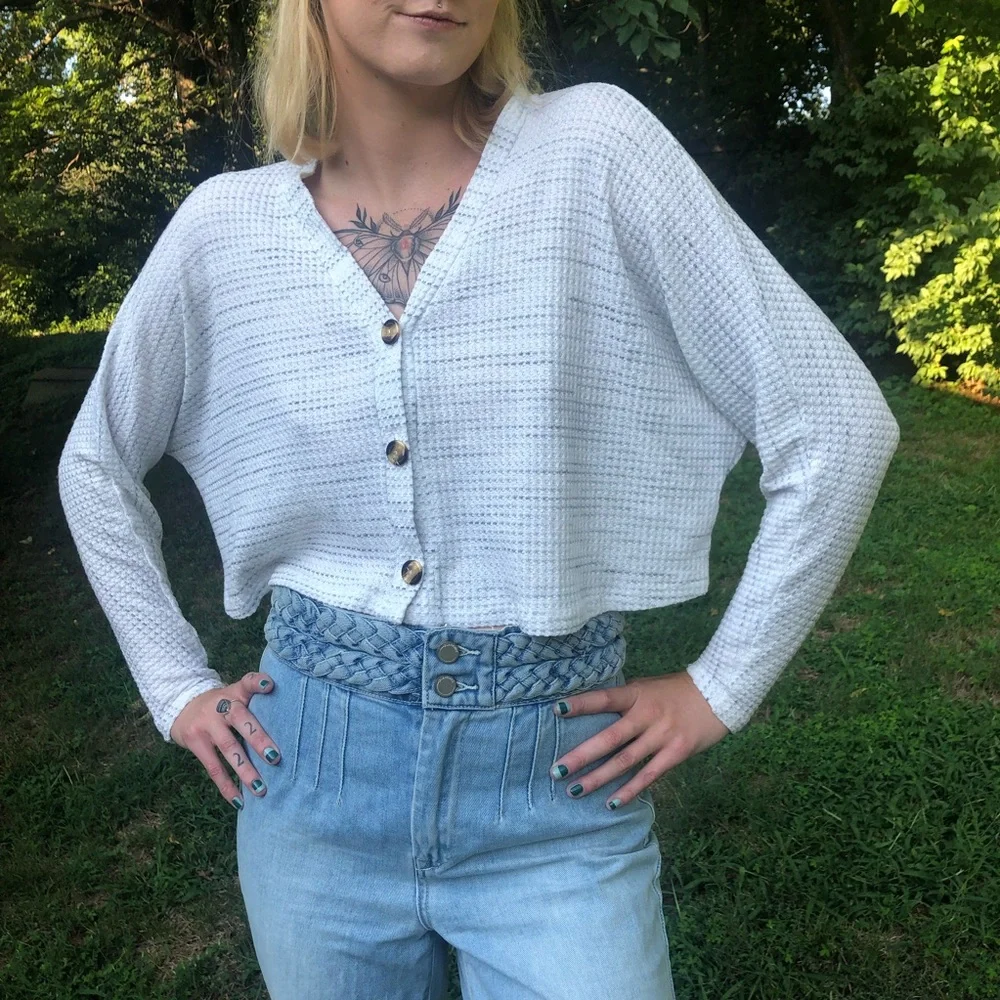 Sadie & Sage waffle knit long sleeve button front crop top.